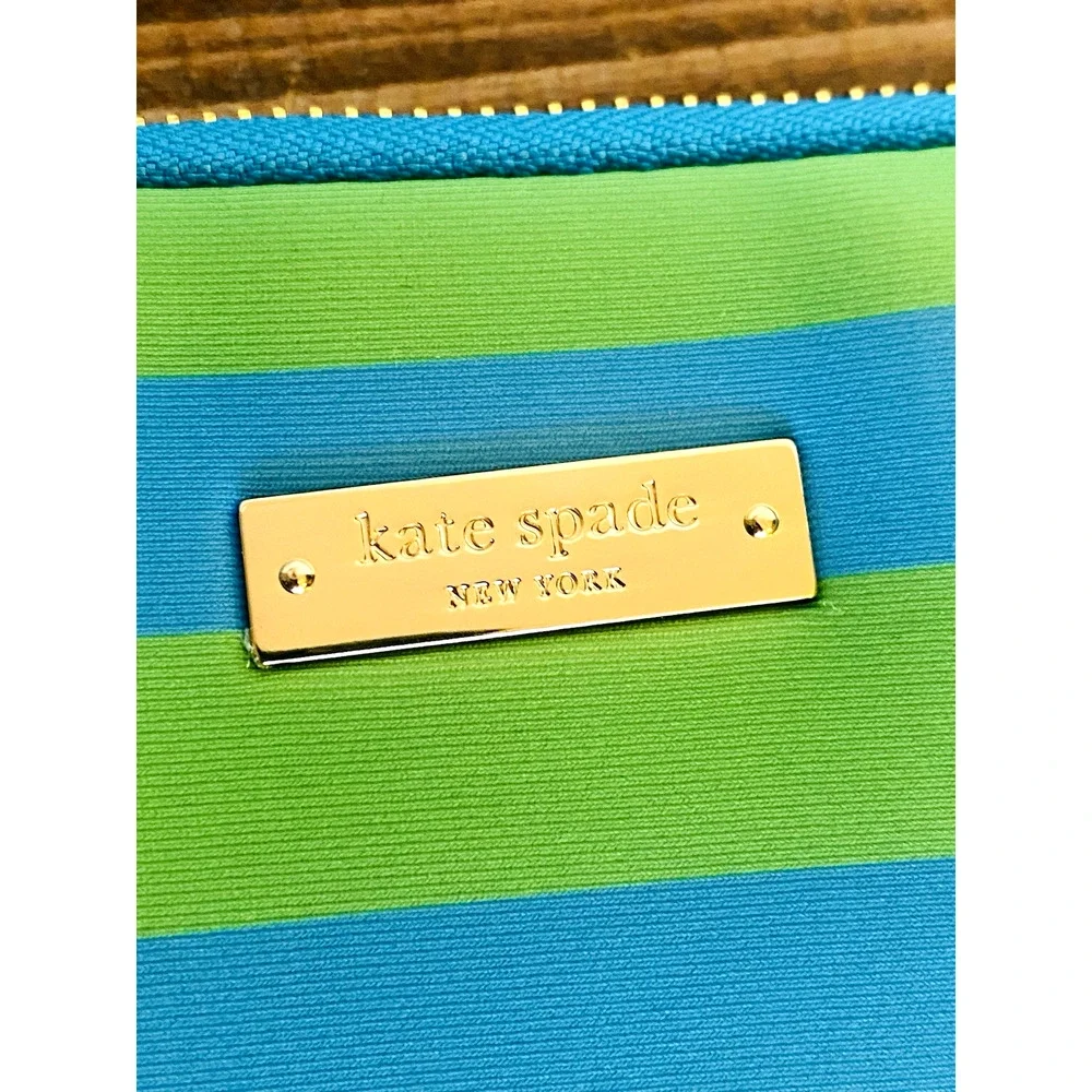 Kate Spade Blue and Green Striped Zippered ipad Tablet Laptop Bag 13.5
